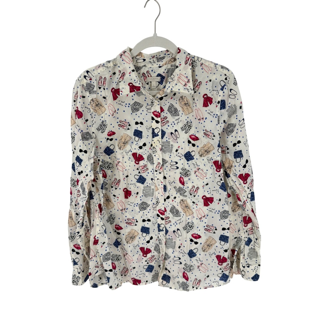 Talbots Button Up Shirt White Large Paris Fashion Novelty Print Long Sleeve